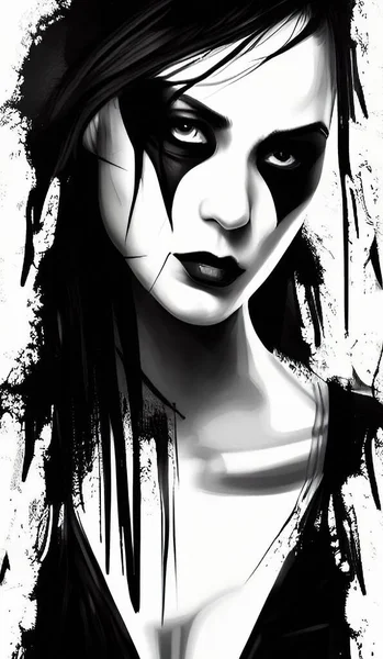 portrait of a cyberpunk woman, black and white ink drawing, concept illustration, cartoon style