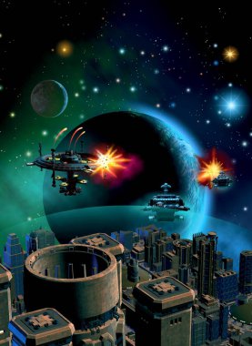Yabancı bir gezegenin, uzay istasyonunun, üç boyutlu illüstrasyonun etrafındaki uzay savaşı