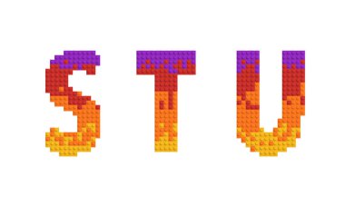 Harfler ve çok renkli tuğlalardan yapılmış numaralar. Bir alfabenin 3d yorumlayıcısı, STU