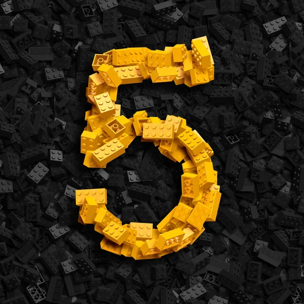 Alphabet Set Yellow Numbers Made Bricks Dark Background Number Five — Stock Photo, Image