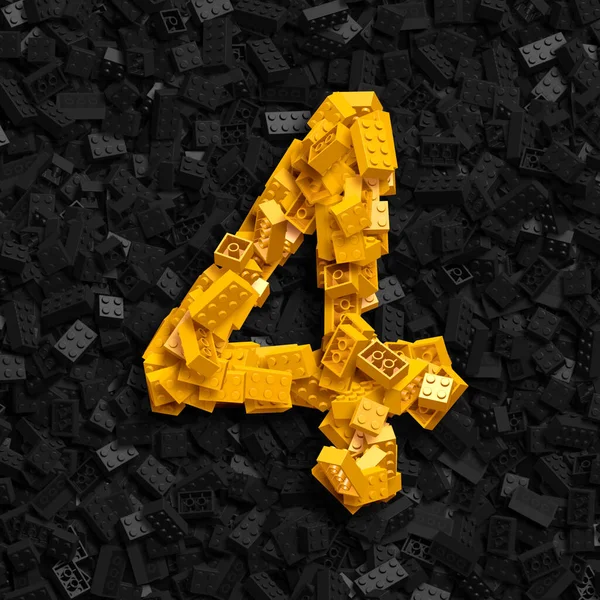 Alfabeto Conjunto Números Amarelos Feitos Tijolos Sobre Fundo Escuro Número — Fotografia de Stock