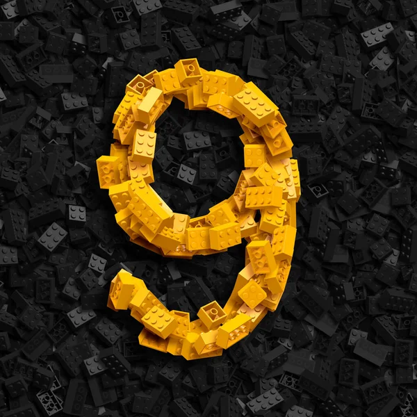 3D字母表 一组黄色数字 深色底色砖制成 第9号 — 图库照片