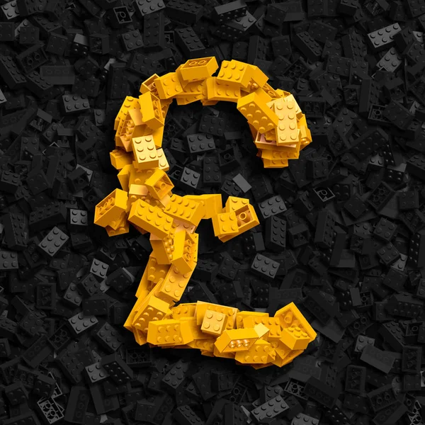 Alfabeto Conjunto Números Amarelos Símbolos Feitos Tijolos Fundo Escuro Renderização — Fotografia de Stock
