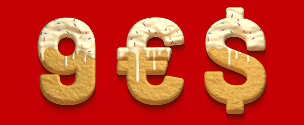 3d alphabet, set of numbers made of sweet biscuits, rendering, number nine, euro and dollar symbol