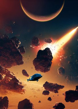 Gezegen, göktaşları ve uzayda kayalar, yabancı gezegen sistemini keşfeden yıldız gemisi, 3D çizim ve dijital resim