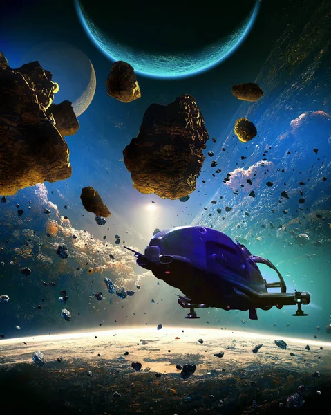 探索外星行星系统的宇宙飞船 小行星和行星周围的云 3D渲染和数字绘画 — 图库照片