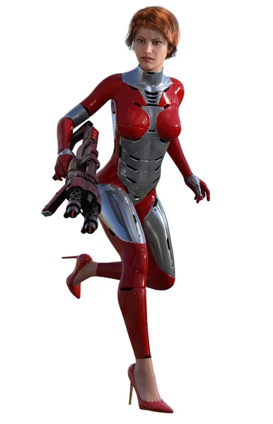 Mujer Guerrera Futurista Traje Rojo Plateado Armado Con Rifle Render — Foto de Stock