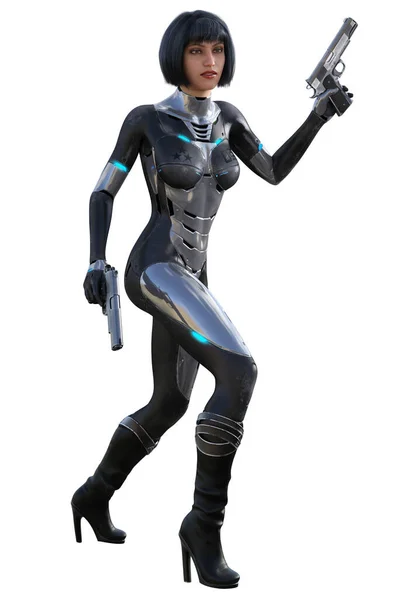 Futuristic Warrior Woman Guns Rendering Stock Picture