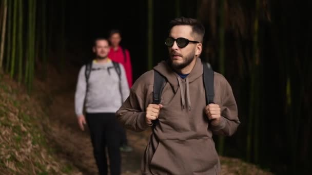 Grupo de viajantes do sexo masculino caminhando através de florestas montanhosas. Estilo de vida recreativo. — Vídeo de Stock