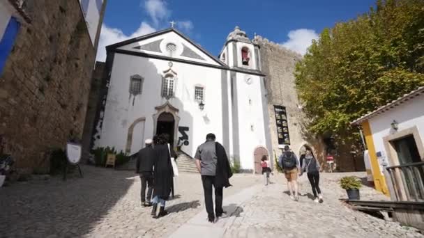 Families en koppels van verschillende leeftijd wandelen samen in de buurt van oude katholieke kerk. — Stockvideo