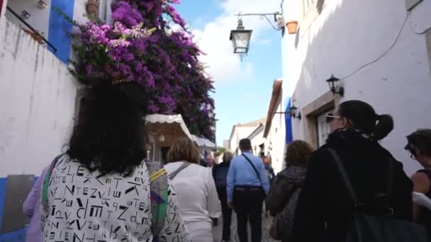 Groupe de touristes féminines marchant ensemble parmi la foule de personnes dans la vieille ville. — Video