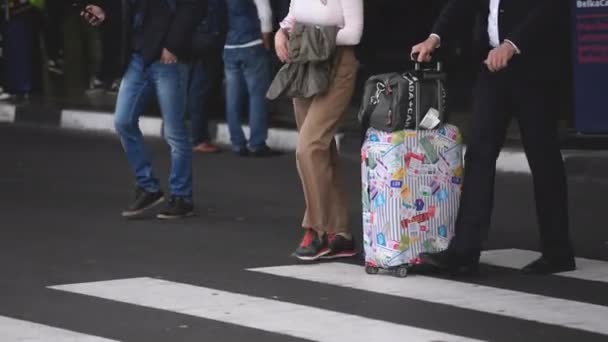 Ottenere il volo al terminal dell'aeroporto, persone che trasportano bagagli, valigie. — Video Stock