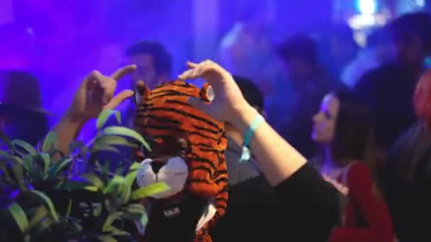 Guys fooling around in tiger mask. Men dancing at night club party. Funny event. — Stock Video