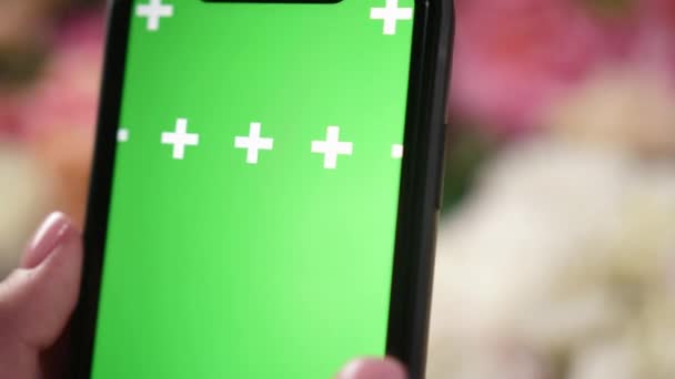 여자 아이가 아이폰 스마트폰을 손에 들고 녹색 흉내 지빠귀로 광고를 찍는다 — 비디오