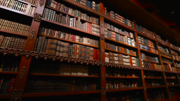 Antigua biblioteca o museo con estantes antiguos llenos de libros de literatura clásica. — Vídeos de Stock