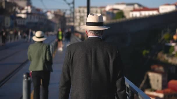 Biały kapelusz turystów spacery na moście de Dom Luis I. Zabytki miasta Potro. — Wideo stockowe