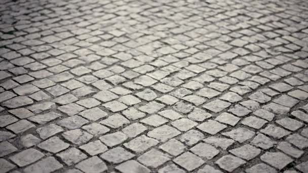 Antiguo camino de adoquines. Acera peatonal de adoquines pavimento. — Vídeos de Stock