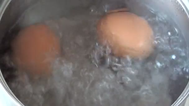 Boiling eggs in saucepan — Stock Video