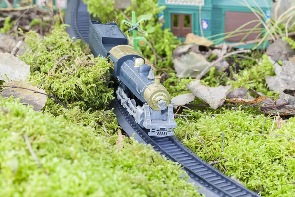 Toy train running through the forest moss — Stock Photo, Image