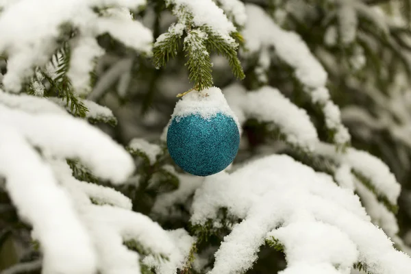 Decorations on snow-covered Christmas trees in a forest — Stock Photo, Image