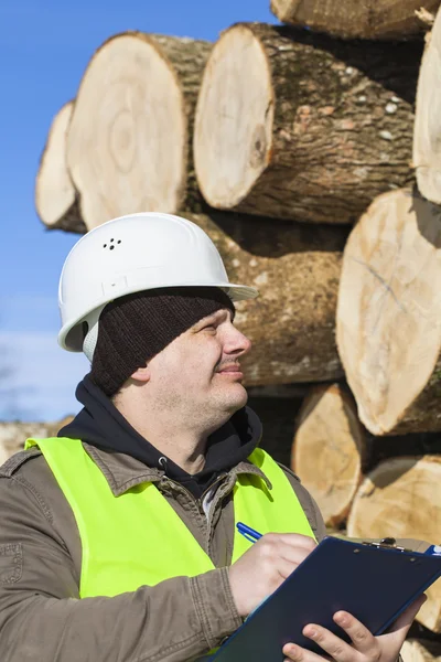 Lumberjack escrevendo perto da pilha de log — Fotografia de Stock