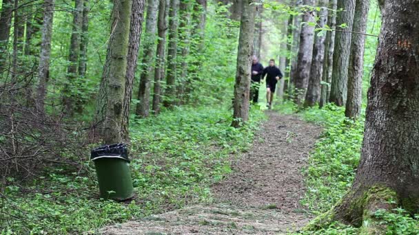 Padre e hijo corriendo a lo largo del sendero del bosque episodio doce — Vídeos de Stock