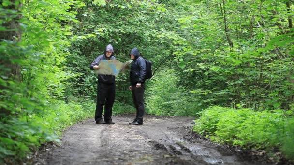 Hikers with map and binoculars on forest trails episode 1 — Stock Video