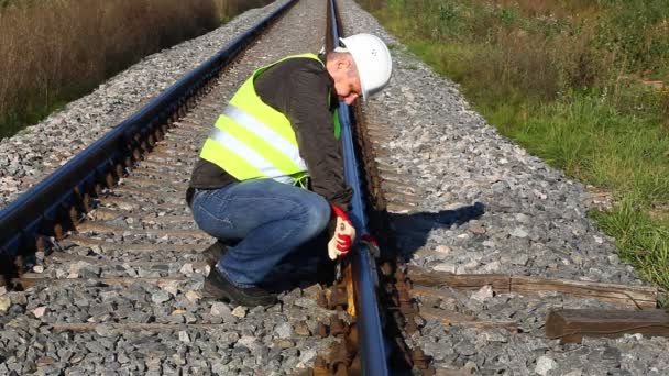 Railroad employee on railway episode 2 — Stock Video