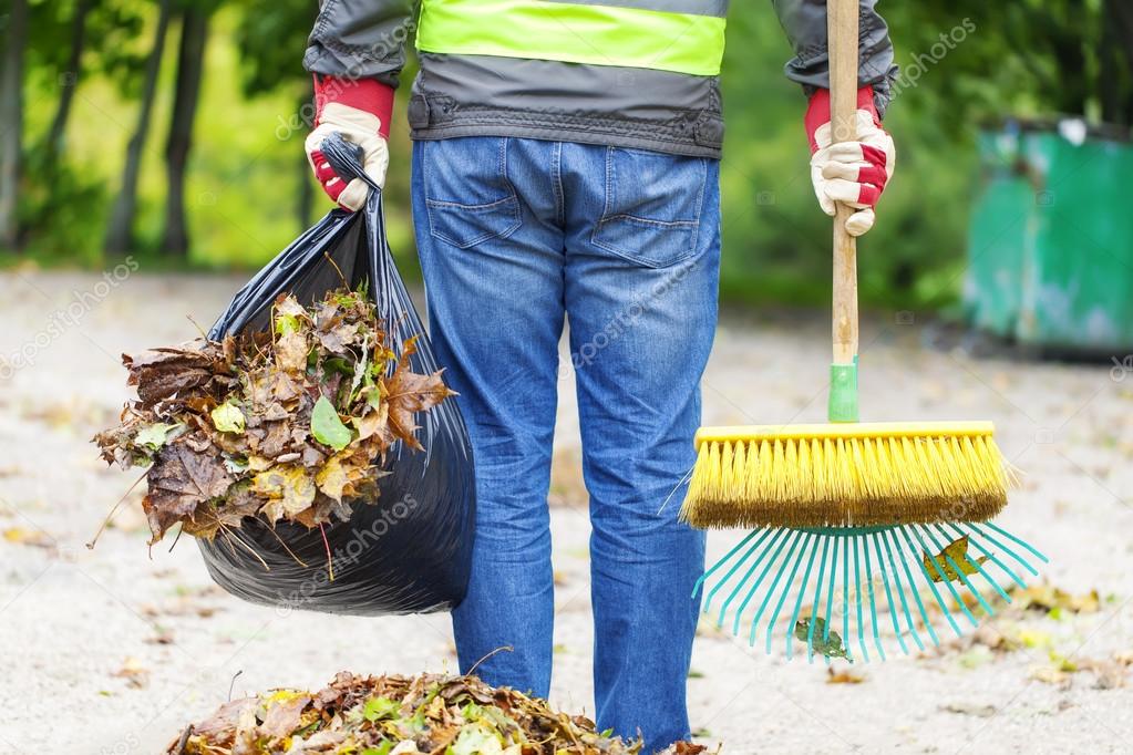 Man with brush and rake collects leaves