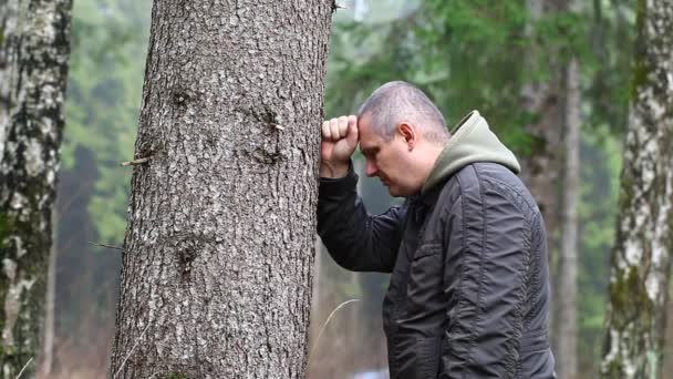 Депрессивный человек опирается на дерево эпизод 2 — стоковое видео