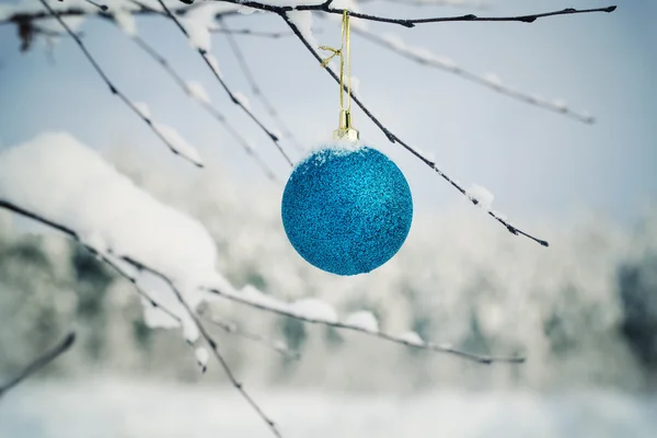 Decoration on snow-covered bush near the forest — Stock Photo, Image