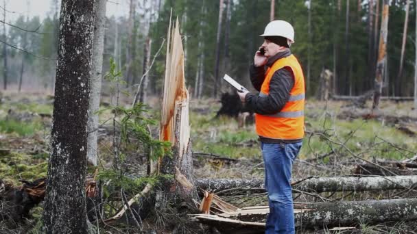 Лесной офицер с планшетным компьютером в уничтоженном лесу эпизод 2 — стоковое видео