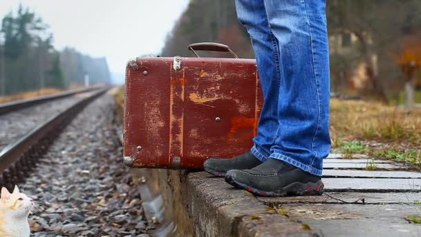 Человек с чемоданом в железнодорожной серии 2 — стоковое видео