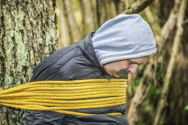 Homem amarrado à árvore — Fotografia de Stock
