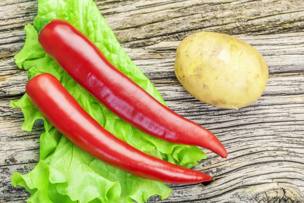 Red Chili Peppers with potato on lettuce leaves — Stock Photo, Image