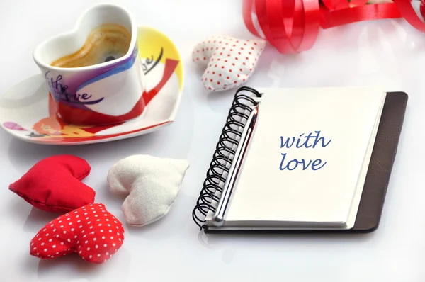 Valentine diary with cloth hearts and cup of coffee — Stock Photo, Image