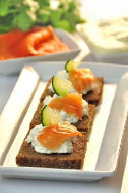 ricotta peyniri ve somon füme kanepeler çavdar ekmeği