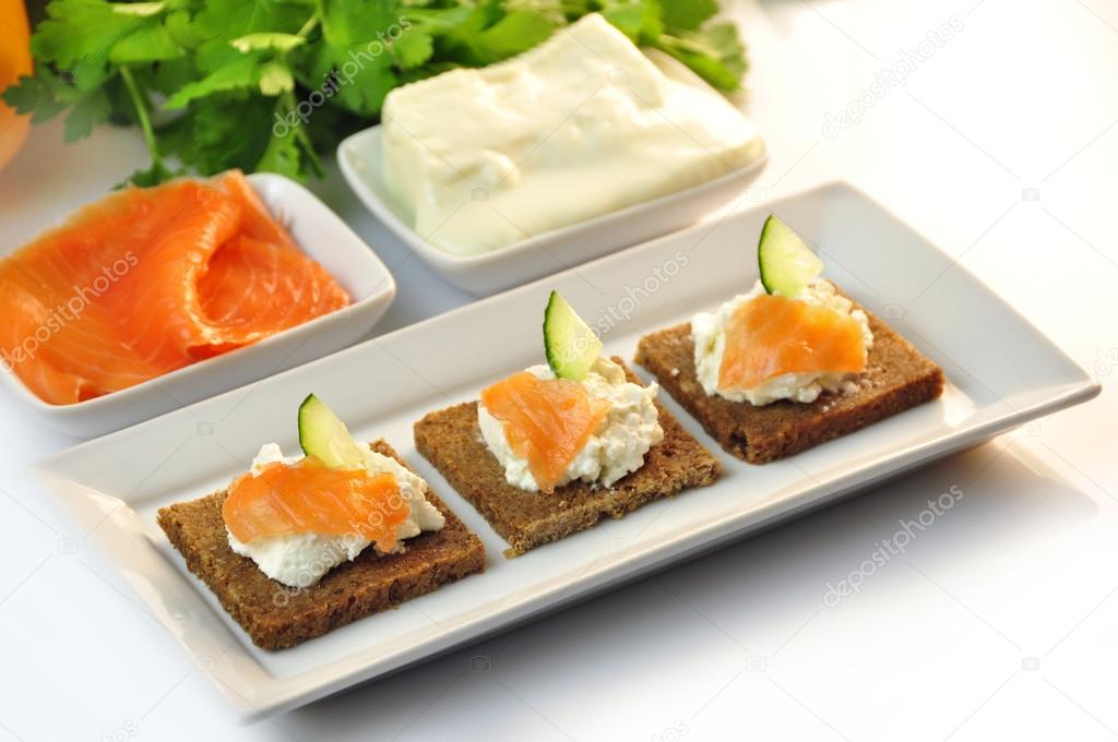 Canapes Rye Bread With Ricotta Cheese And Smoked Salmon Stock