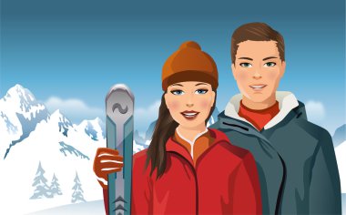 erkek ve kadın kayaklar dağlarda - vektör çizim ile