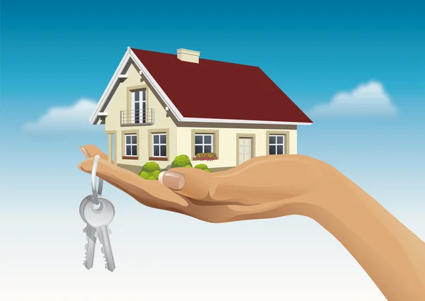 Casa em miniatura à mão com chaves — Vetor de Stock
