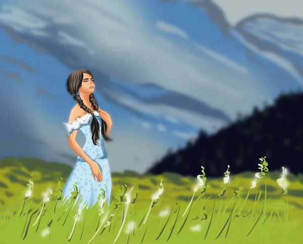 At kuyruklu bir kız tarlada yürüyor.