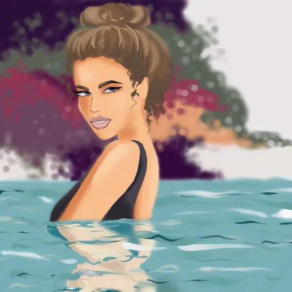 Gölün arka planında kıvırcık saçlı bir kız.