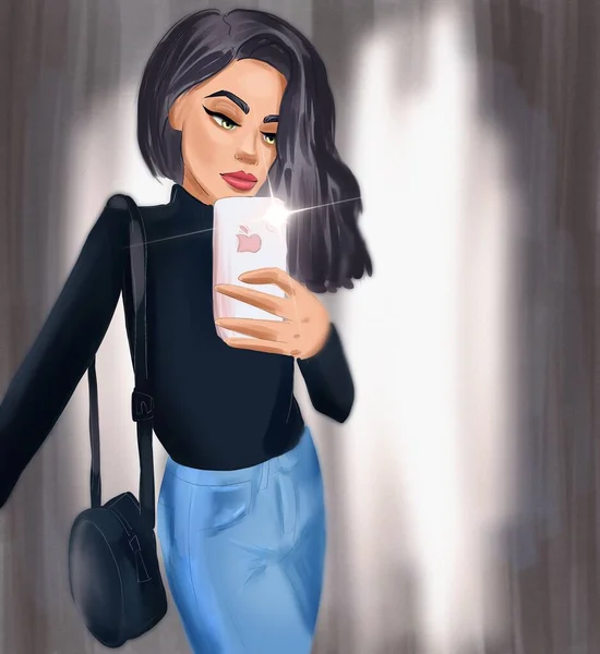 Kızın telefonda aynada fotoğrafı çekiliyor.