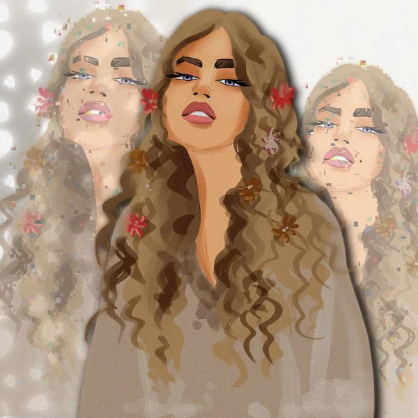    Kıvırcık saçlı, çiçekli romantik kız.