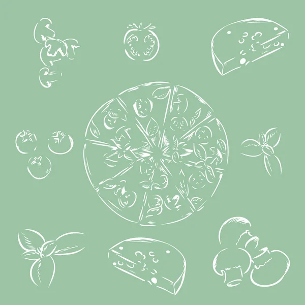 İtalyan pizzası, malzemeli pizza koleksiyonu, logo, el çizimi gerçekçi taslak. 