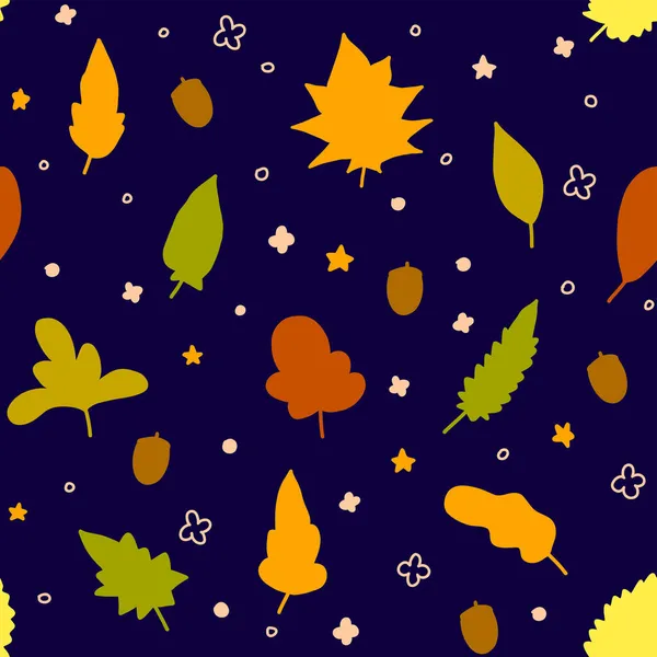 Motif sans couture avec des feuilles et glands abstraits colorés et vectoriels dessinés à la main, illustration d'automne lumineuse pour envelopper, couverture, papier peint, design d'intérieur, impression textile, motif botanique simple, fond bleu — Image vectorielle