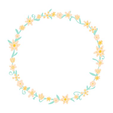 El çizimi çiçek çelengi, tebrik kartı, davetiye, düğün ve Paskalya süsleri, doğum günü kartpostalı, soyut çiçekli basit çerçeve.