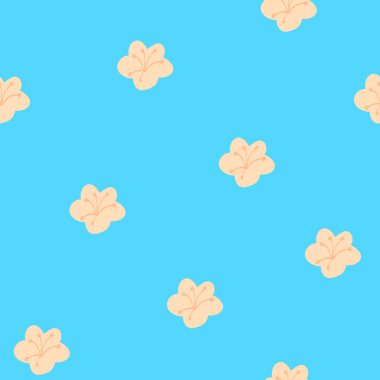 Mavi zemin üzerinde hassas soyut çiçekleri olan kusursuz desen, duvar kağıdı, iç ve kapak tasarımı için baskı, tekstil, moda ve albüm için şablon, düz stil kız bahar illüstrasyonu