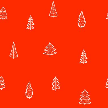 Kırmızı arka planda beyaz köknar ağacı ladini, duvar kâğıdı, kapak tasarımı, ambalajlama, tatil dekorasyonu için parlak baskı ile mutlu yıllar ve Noel kutlaması kusursuz desen.