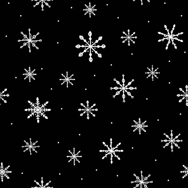 Рождество и Новый год бесшовный узор со снегом и ручной работы снежинки на черном фоне, рождественская иллюстрация для упаковки бумаги, дизайн упаковки и печати на ткани, праздничные обои. — стоковый вектор